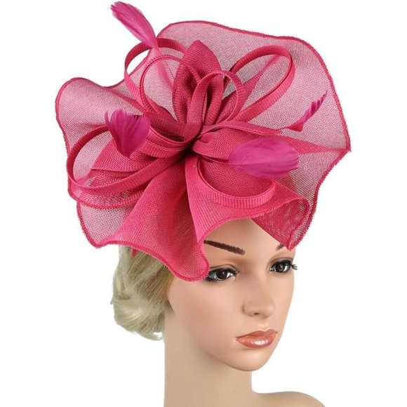 ✨ Poememgi Feather Headwear Women Pink Fascinator Top Flower Church Cocktail Hat - Picture 7 of 7
